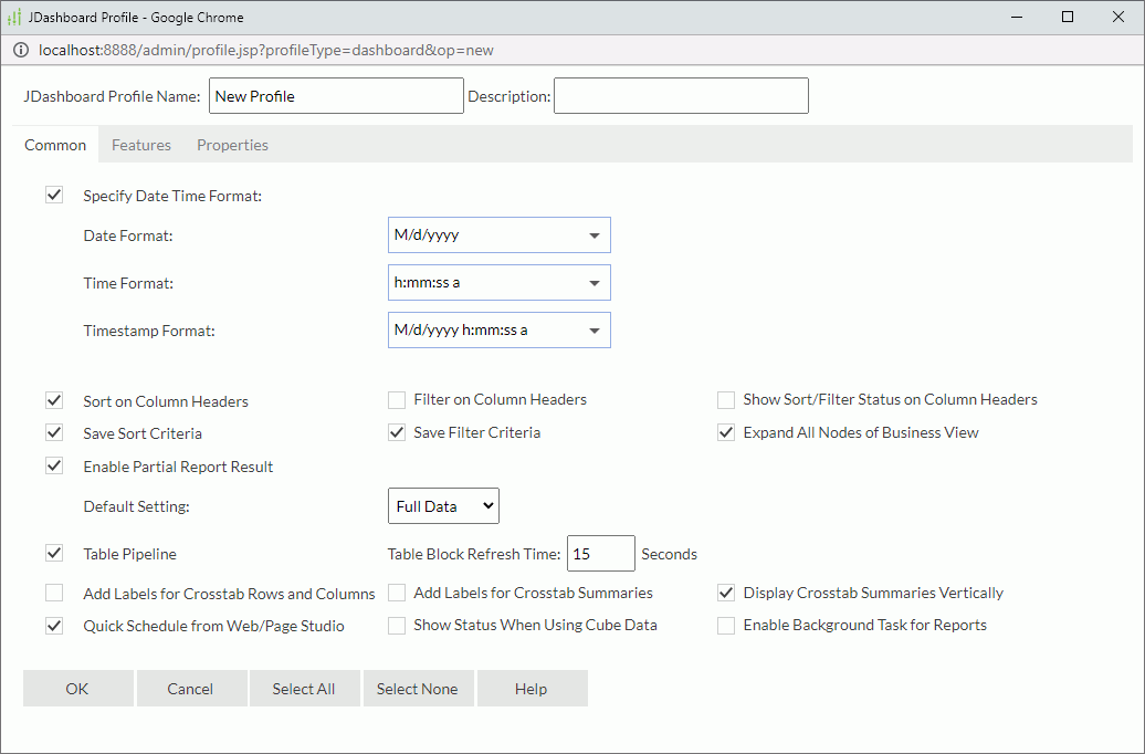 JDashboard Profile dialog box - Common tab